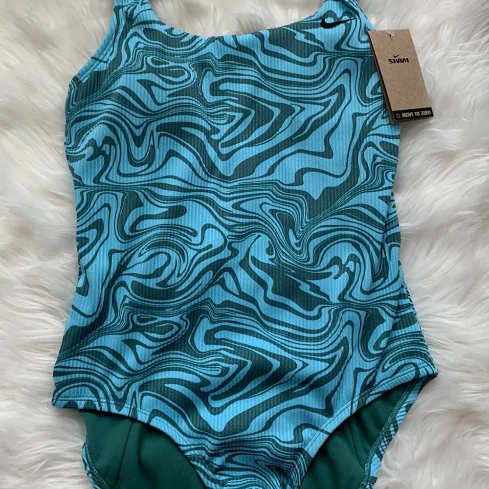 NIKE SWIM Women's Swirl Scoop Neck One-Piece Swimsuit in Green/Blue Sz MEDIUM - Picture 4 of 9